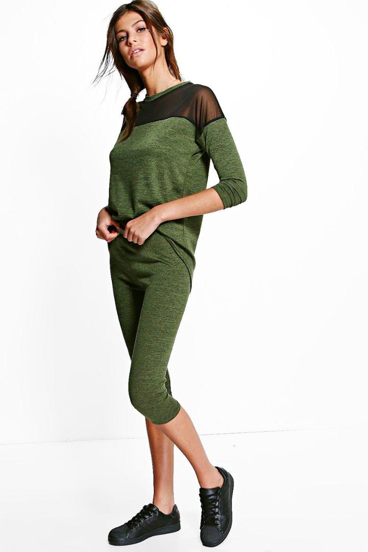 Boohoo Niamh Sheer Insert Fine Knit Lounge Set Khaki