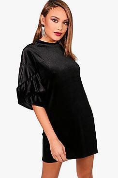 Boohoo Una Ruffle Sleeve Veltvet Shift Dress