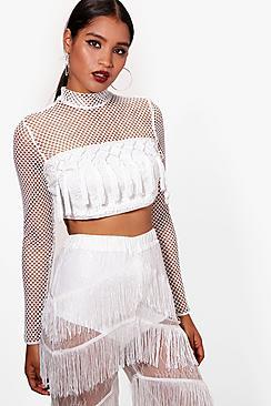 Boohoo Sequin Mesh And Tassel Crop Top