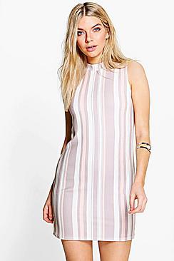 Boohoo Dani High Neck Sleeveless Stripe Shift Dress