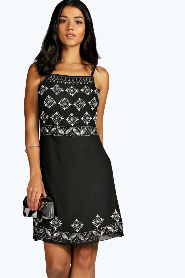 Boohoo Celia Boutique Strappy Embellished Shift Dress Black