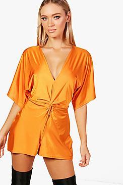 Boohoo Knot Front Slinky Playsuit