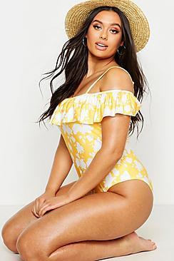 Boohoo Plus Tropical Cold Shoulder Frill Swimsuit