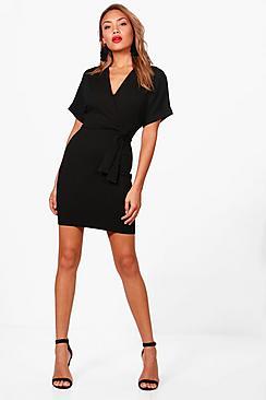Boohoo Wrap Over Belted Dress