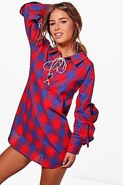 Boohoo Petite Rachel Check Lace Up Ruffle Shirt Dress