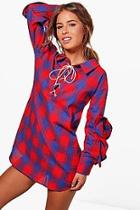 Boohoo Petite Rachel Check Lace Up Ruffle Shirt Dress