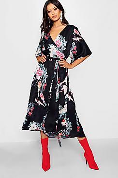 Boohoo Hannah Oriental Wrap Midi Dress