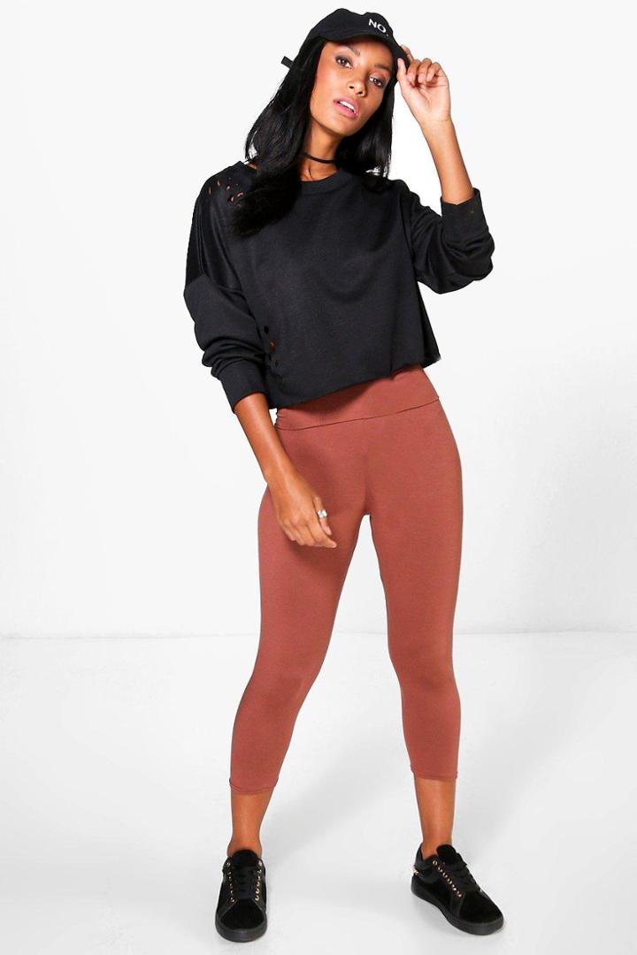 Boohoo Carmela Fold Over Waistband Basic 3/4 Leggings Amber