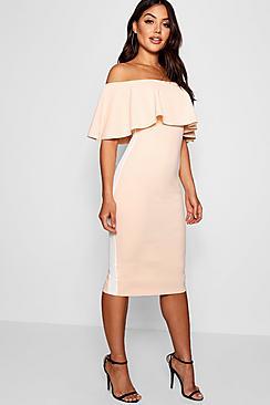 Boohoo Off The Shoulder Sports Stripe Midi Dress