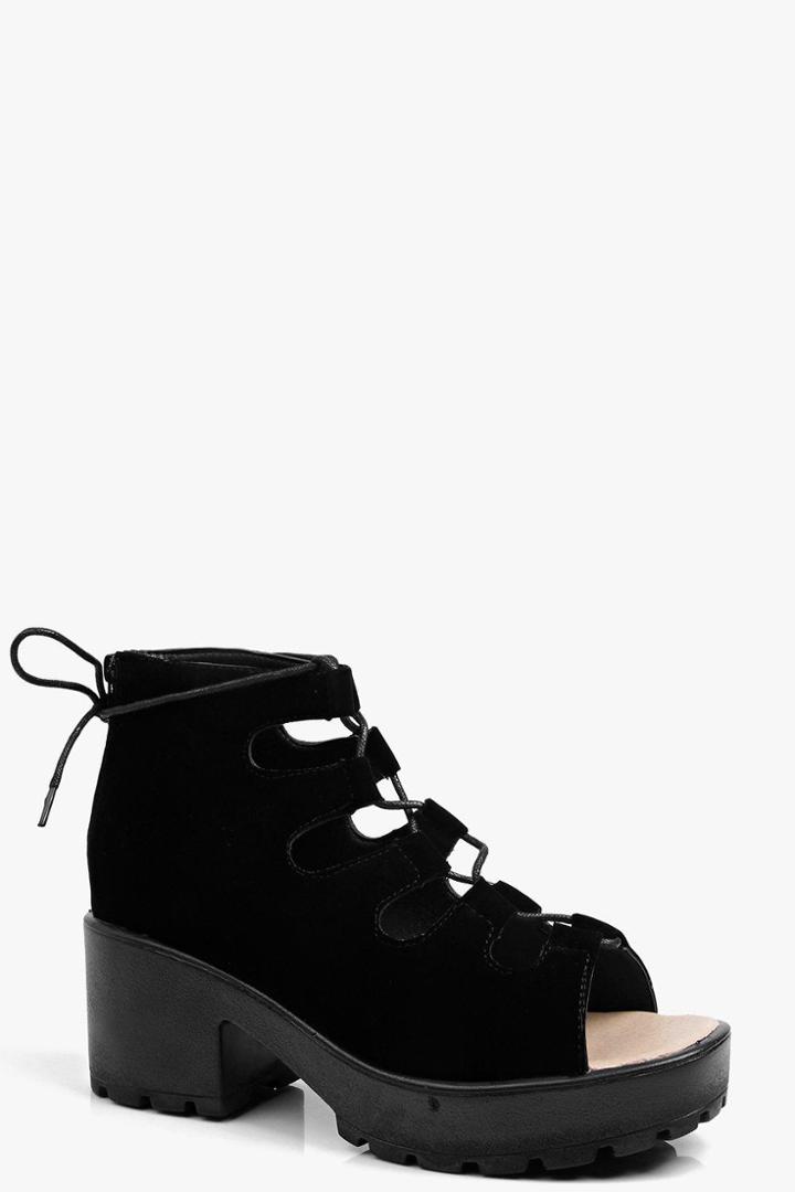Boohoo Zoe Cleated Peeptoe Lace Up Suedette Sandal Black