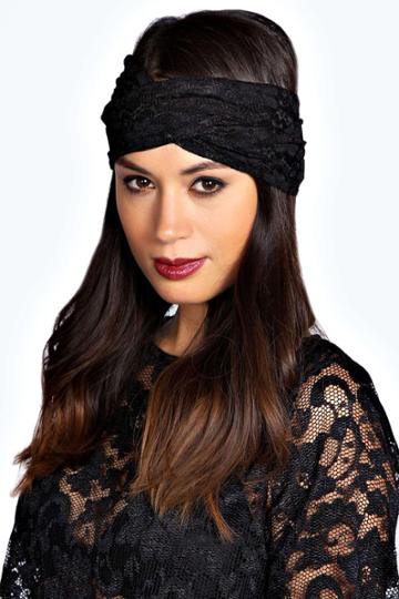 Boohoo Jess Lace Twist Turban Headband - Black