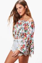Boohoo Layla Flared Sleeve Shirred Bardot Top White