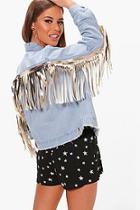Boohoo Petite Paige Metallic Pu Fringe Denim Jacket