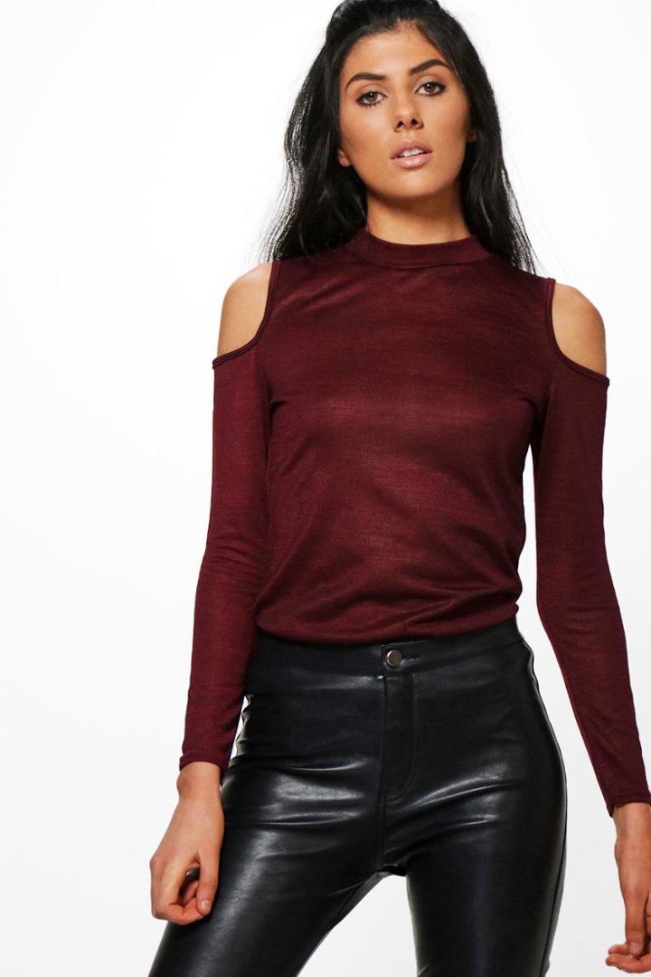 Boohoo Kia Turtle Neck Cut Out Shoulder Top Wine