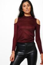 Boohoo Kia Turtle Neck Cut Out Shoulder Top Wine