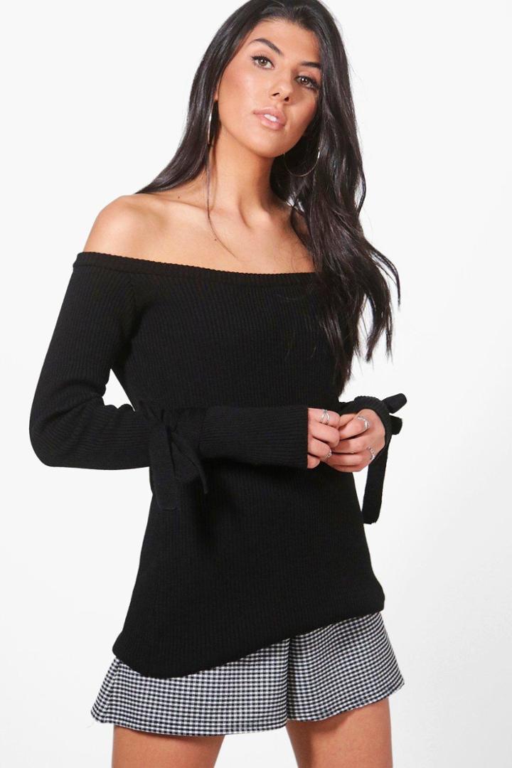 Boohoo Paige Tie Cuff Rib Knit Bardot Jumper Black