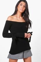 Boohoo Paige Tie Cuff Rib Knit Bardot Jumper Black