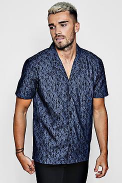 Boohoo Printed Denim Short Sleeve Revere Shirt