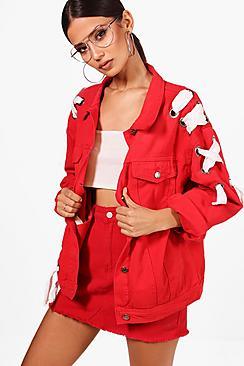 Boohoo Stephanie Oversize Eyelet Lace-up Denim Jacket