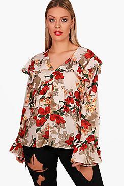 Boohoo Plus Louisa Ruffle Frill Floral Blouse