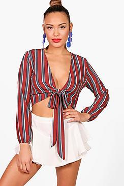 Boohoo Sally Stripe Tie Front Top