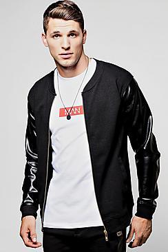 Boohoo Jersey Waffle Bomber With Pu Sleeves