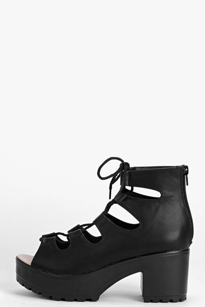 Boohoo Julia Cleated Peeptoe Lace Up Sandal Black