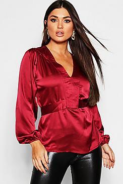 Boohoo Satin Tie Waist Blouse