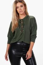 Boohoo Plus Annie Eyelet Tie Sweat Top Khaki