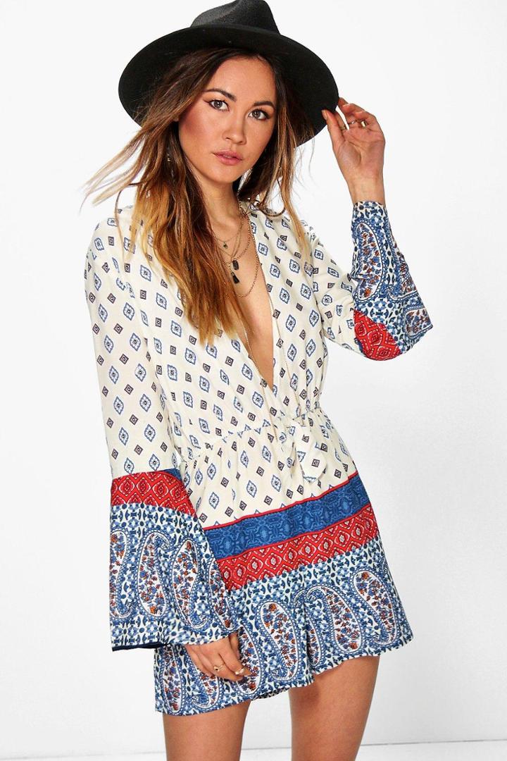 Boohoo Fia Border Print Deep Plunge Playsuit Ivory
