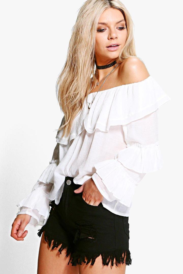 Boohoo Rachel Ruffle Sleeve Crinkle Bardot Top White
