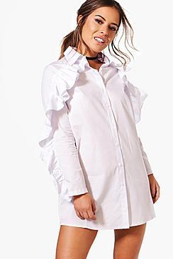 Boohoo Petite Lana Ruffle Detail Shirt Dress