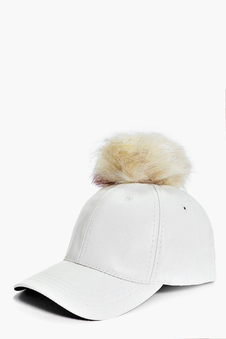 Boohoo Tia Pu And Faux Fur Pom Baseball Cap White