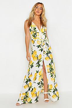 Boohoo Petite Lemon Print Button Detail Maxi Dress