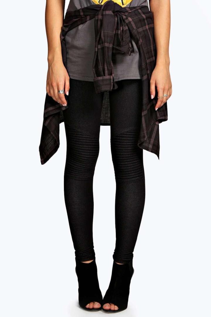 Boohoo Livvy Biker Ribbed Knee Denim Look Jeggings Black