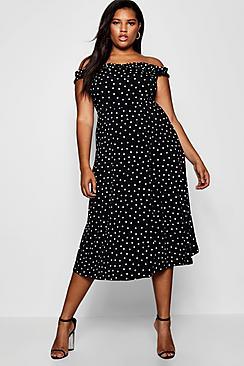 Boohoo Plus Spotty Off Shoulder Skater Dress