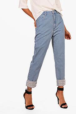 Boohoo Hetty High Rise Pearl Hem Boyfriend Jeans