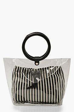 Boohoo Stripe Pouch Wooden Handle Perspex Bag