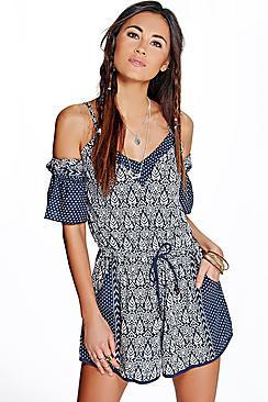Boohoo Lana Leaf Print Open Shoulder Playsuit