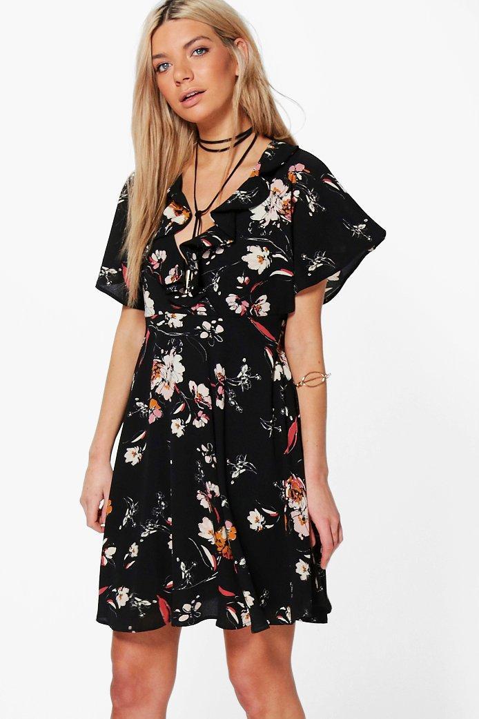 Boohoo Sabra Floral Ruffle Bolo Tie Tea Dress Black