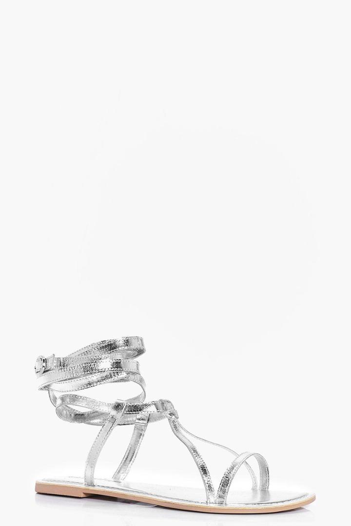 Boohoo Matilda Wrap Strap Leather Sandal Silver