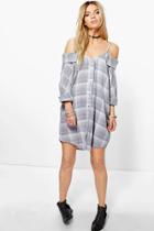 Boohoo Harlow Cold Shoulder Checked Shirt Dress Grey
