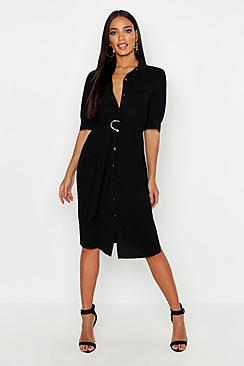 Boohoo Puff Sleeve Utility Midi Shirt Dress