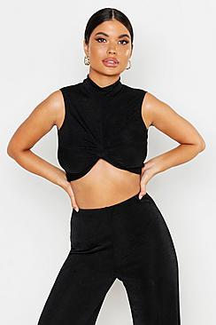 Boohoo Petite Slinky Twist Front High Neck Top