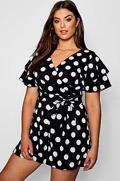 Boohoo Plus Ruffle Sleeve Large Polka Dot Playsuit