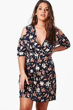 Boohoo Plus Yvonne Open Shoulder Woven Wrap Dress