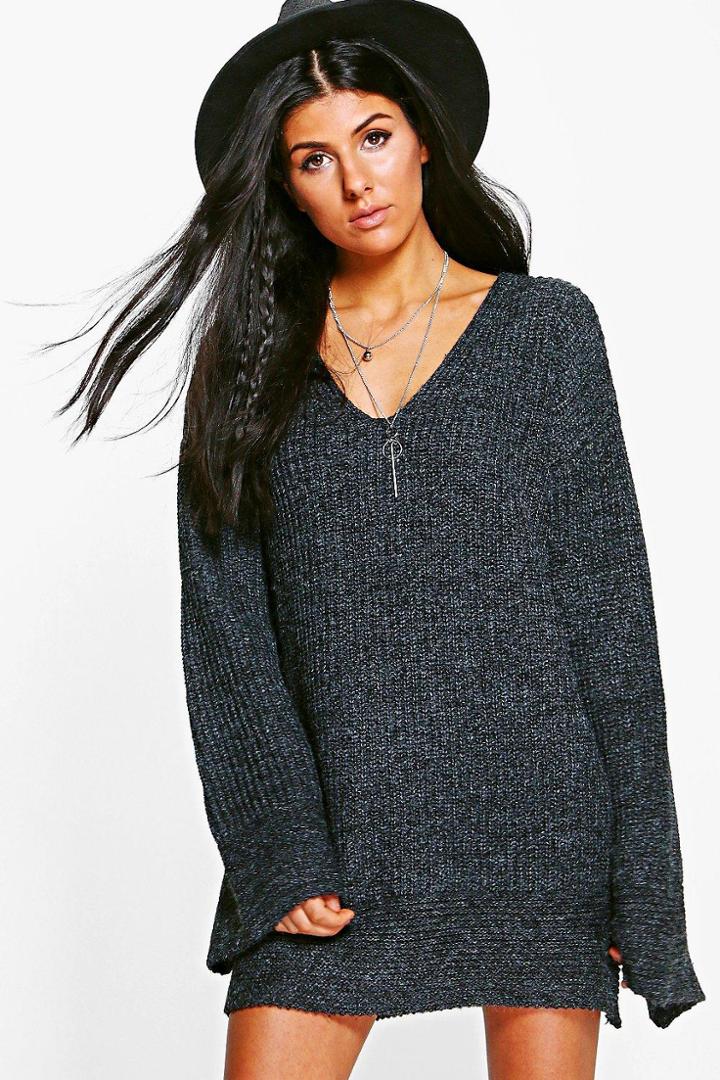 Boohoo Jasmine Premium Oversized Wide Sleeve Knitted Dress Grey
