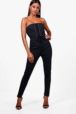 Boohoo Nimah Lace Up Denim Jumpsuit