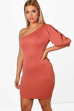 Boohoo Plus Puff Sleeve One Shoulder Midi Dress