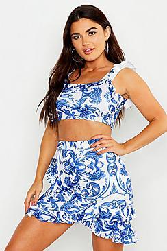 Boohoo Ruffle Sleeve Porcelain Print Square Neck Crop